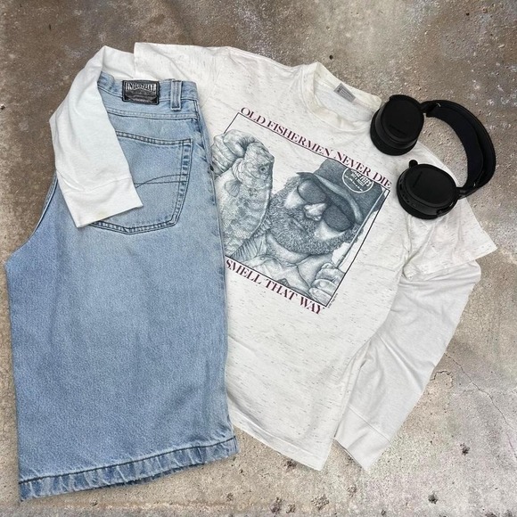 Oneita Other - White‎ and blue vintage 1992 fishing tee funny graphic single stitch Size M